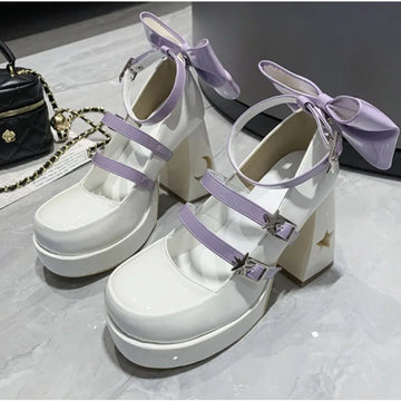 Xajzpa Pumps Lolita Shoes Platform Mary Jane Shoes Star Buckle Strap Women Cross-tied Pu Leather Girls Rivet Casual Shoes Kawaii